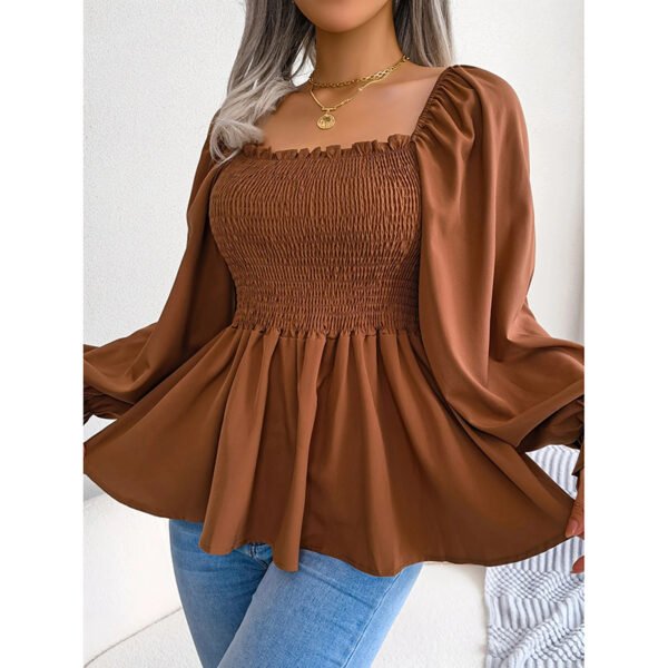 Women's Peplum Tops Square Neck Ruffle Trim Long Sleeve Blouse Smocked Top Dressy Casual Shirts - Image 4