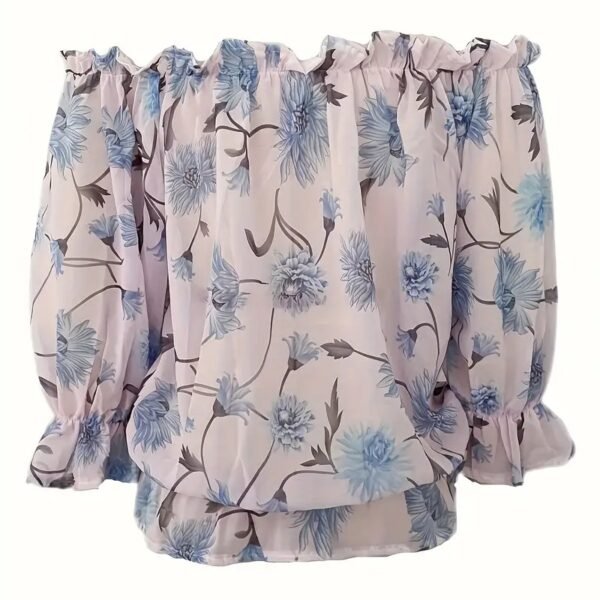 Womens Summer Off Shoulder Blouse Floral Print Ruffle Sleeve Casual Chiffon Tops Shirts - Image 8