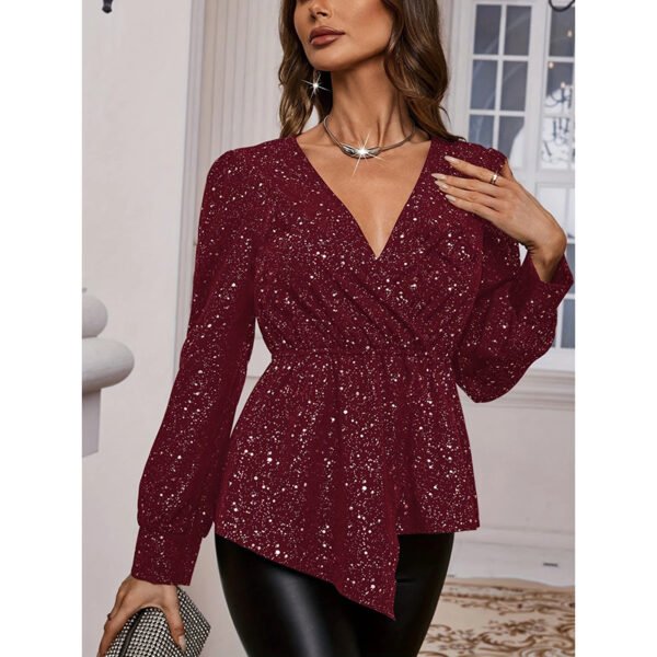 Womens Sparkly Tops Shiny Long Sleeve Ruched Asymmetrical Hem Sparkle Blouses Cocktail Party Evening Shirts - Image 8