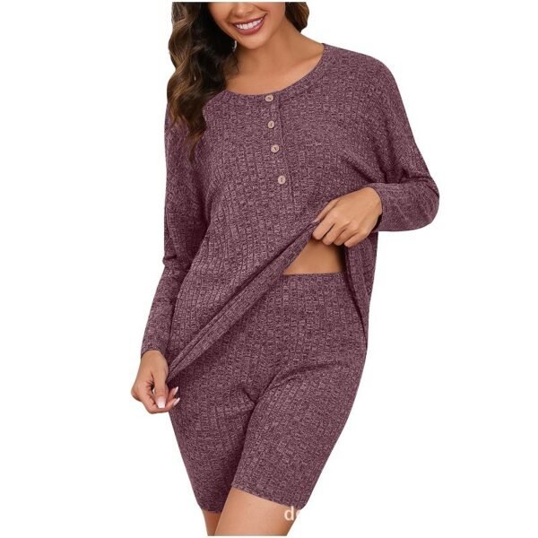 Women's Chic Rib Knitted Long-sleeved Top Shorts - Image 6