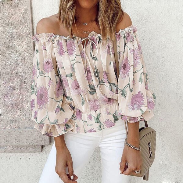 Womens Summer Off Shoulder Blouse Floral Print Ruffle Sleeve Casual Chiffon Tops Shirts - Image 4
