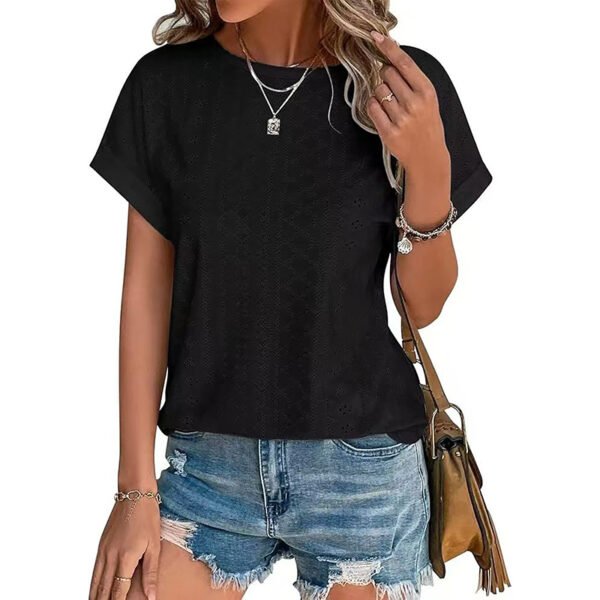 Womens Eyelet Embroidery Tops Casual Crew Neck Short Sleeve Trendy T Shirts - Image 5