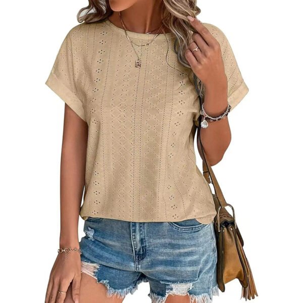 Womens Eyelet Embroidery Tops Casual Crew Neck Short Sleeve Trendy T Shirts - Image 2