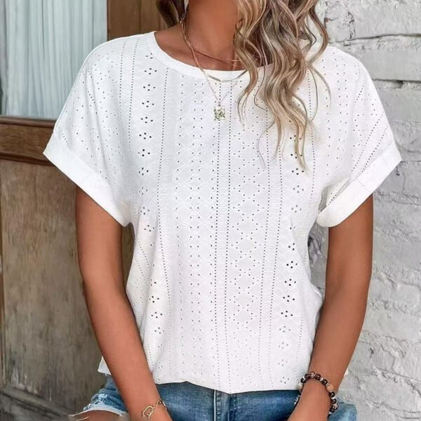 Womens Eyelet Embroidery Tops Casual Crew Neck Short Sleeve Trendy T Shirts - Image 6