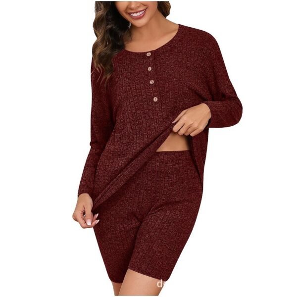 Women's Chic Rib Knitted Long-sleeved Top Shorts - Image 7