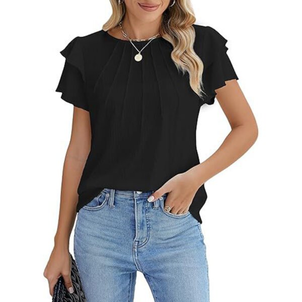 Women's Ruffle Short Sleeve Shirts Dressy Casual Crewneck Tops Trendy Outfits - Image 2