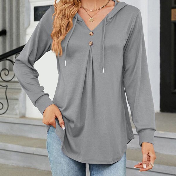 Women's Long Sleeve Hooded Tunic Tops Button Swing Pullover Hoodie Sweatshirts - Image 2
