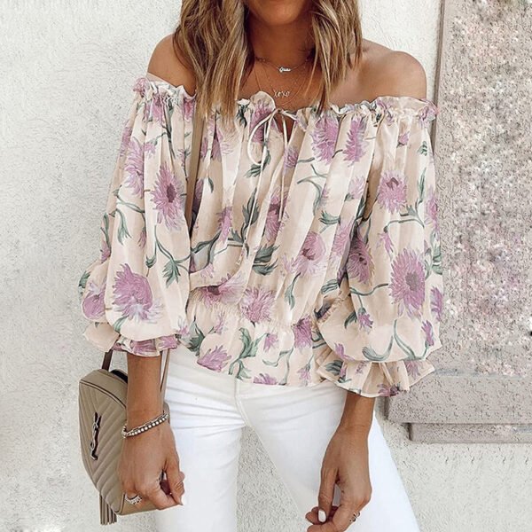 Womens Summer Off Shoulder Blouse Floral Print Ruffle Sleeve Casual Chiffon Tops Shirts - Image 10