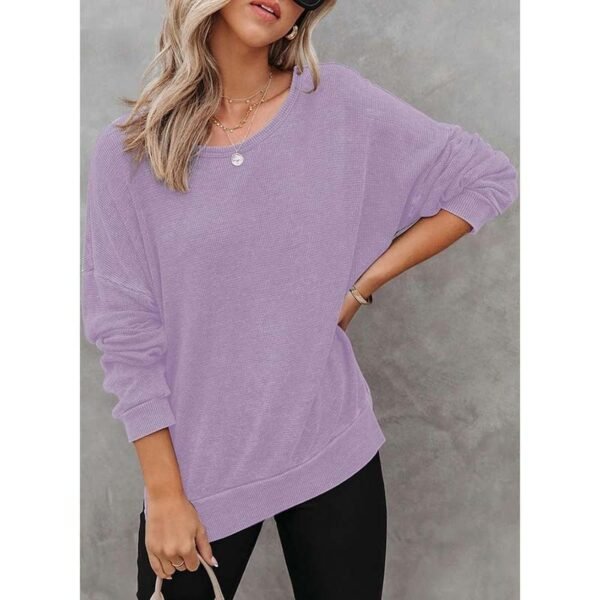 Womens Waffle Knit Crewneck Sweatshirts Long Sleeve Side Slits Casual Pullover Sweatshirt Tops - Image 7