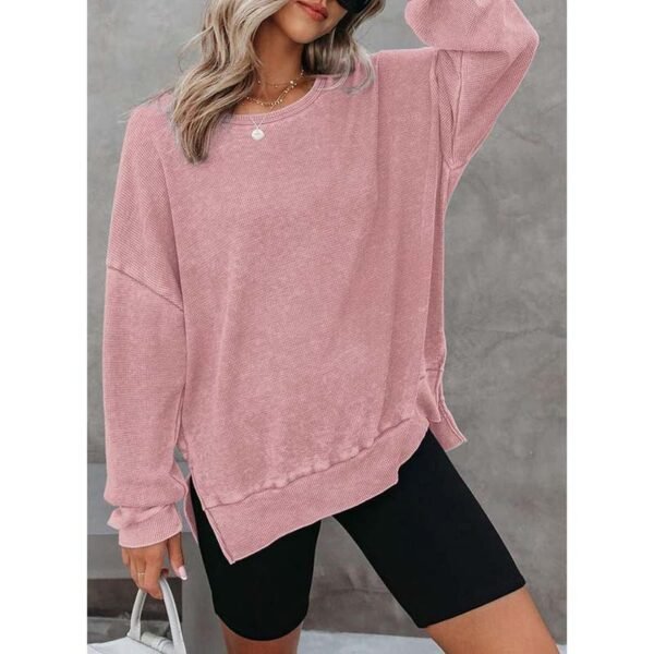 Womens Waffle Knit Crewneck Sweatshirts Long Sleeve Side Slits Casual Pullover Sweatshirt Tops - Image 9