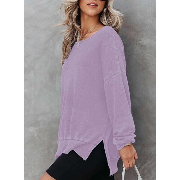 Womens Waffle Knit Crewneck Sweatshirts Long Sleeve Side Slits Casual Pullover Sweatshirt Tops - Image 10