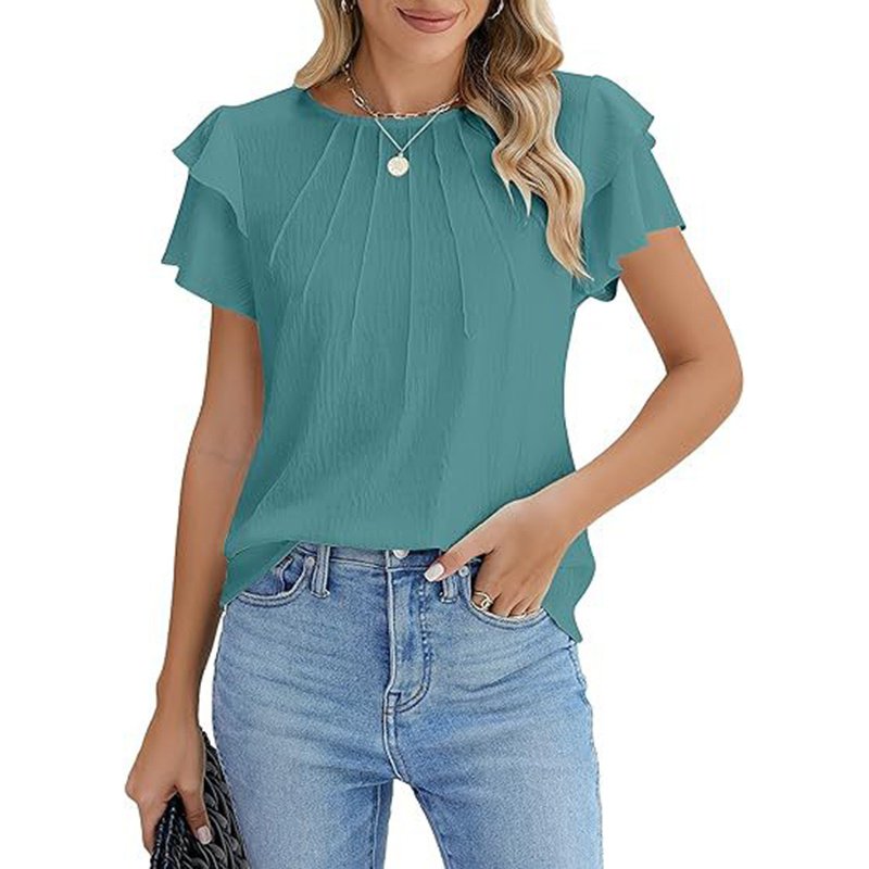 Women's Ruffle Short Sleeve Shirts Dressy Casual Crewneck Tops Trendy Outfits - Image 8