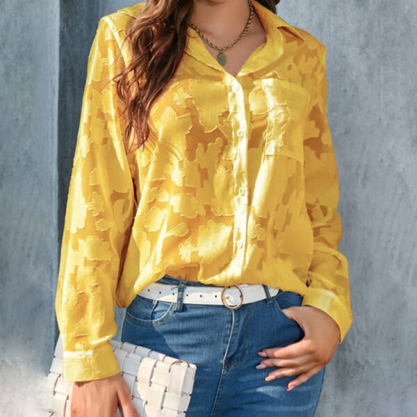 Womens Casual Sheer Button Down Shirts Long Sleeve V Neck Jacquard Blouses Tops - Image 2