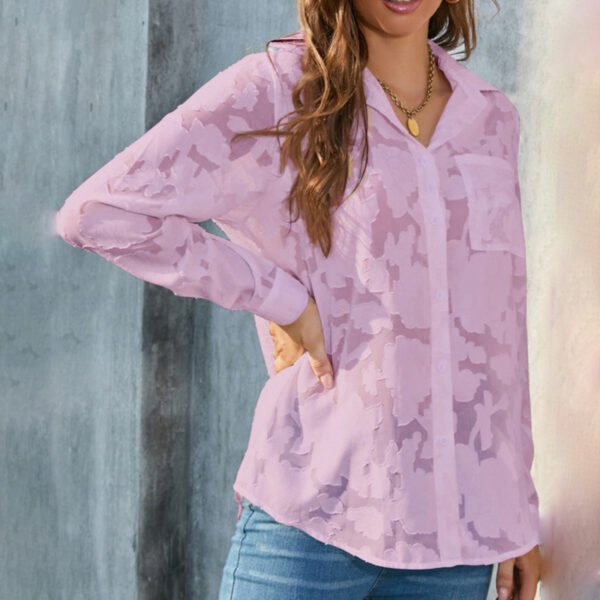 Womens Casual Sheer Button Down Shirts Long Sleeve V Neck Jacquard Blouses Tops - Image 10