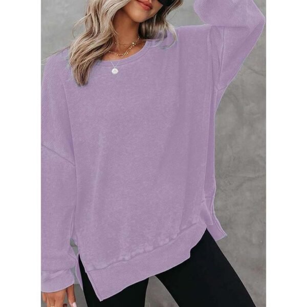 Womens Waffle Knit Crewneck Sweatshirts Long Sleeve Side Slits Casual Pullover Sweatshirt Tops - Image 6
