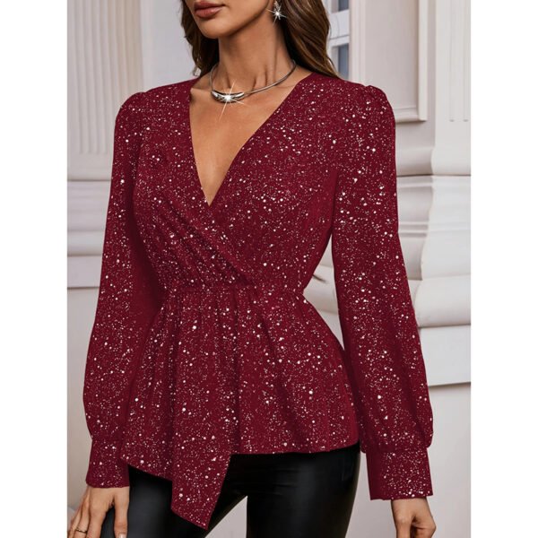 Womens Sparkly Tops Shiny Long Sleeve Ruched Asymmetrical Hem Sparkle Blouses Cocktail Party Evening Shirts - Image 9