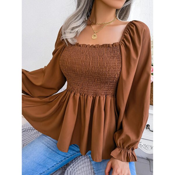 Women's Peplum Tops Square Neck Ruffle Trim Long Sleeve Blouse Smocked Top Dressy Casual Shirts - Image 9