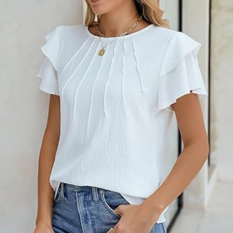 Women's Ruffle Short Sleeve Shirts Dressy Casual Crewneck Tops Trendy Outfits - Image 4
