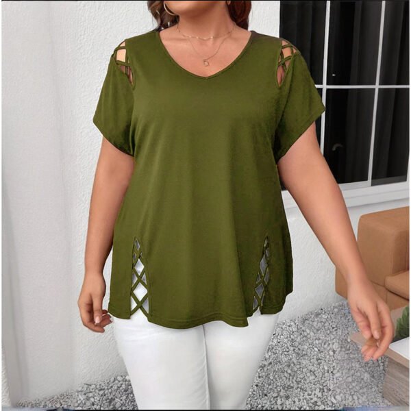 Women's Plus Size Criss Cross Short Sleeve V Neck T-Shirt Tops - Image 2