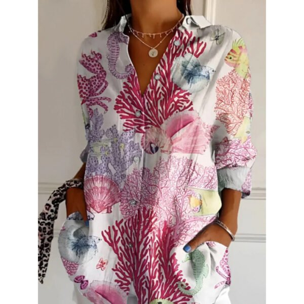 Floral Print Long-sleeved Shirt Women's Casual Button Tops Clothing - Image 9