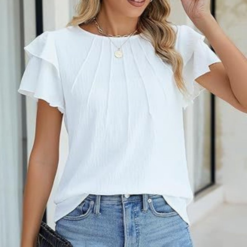 Women's Ruffle Short Sleeve Shirts Dressy Casual Crewneck Tops Trendy Outfits - Image 6