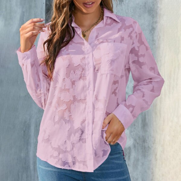 Womens Casual Sheer Button Down Shirts Long Sleeve V Neck Jacquard Blouses Tops - Image 4