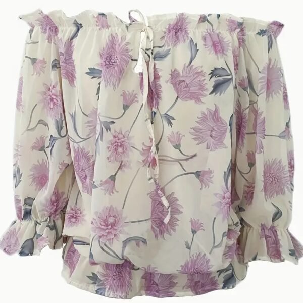 Womens Summer Off Shoulder Blouse Floral Print Ruffle Sleeve Casual Chiffon Tops Shirts - Image 2