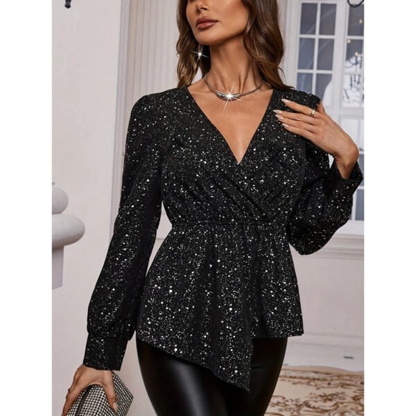 Womens Sparkly Tops Shiny Long Sleeve Ruched Asymmetrical Hem Sparkle Blouses Cocktail Party Evening Shirts - Image 10