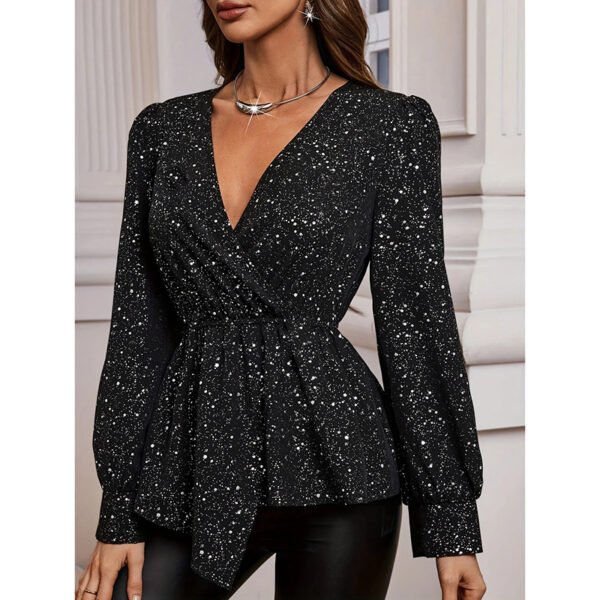 Womens Sparkly Tops Shiny Long Sleeve Ruched Asymmetrical Hem Sparkle Blouses Cocktail Party Evening Shirts - Image 4