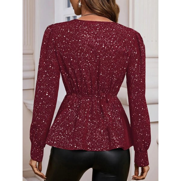 Womens Sparkly Tops Shiny Long Sleeve Ruched Asymmetrical Hem Sparkle Blouses Cocktail Party Evening Shirts - Image 3