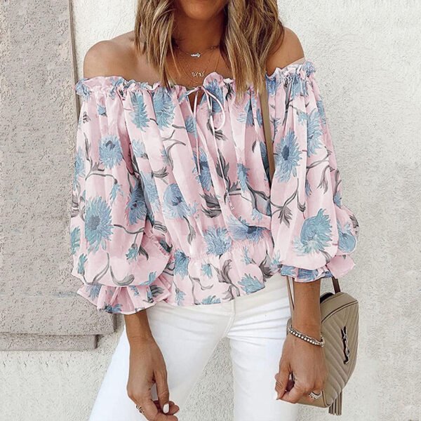 Womens Summer Off Shoulder Blouse Floral Print Ruffle Sleeve Casual Chiffon Tops Shirts - Image 5