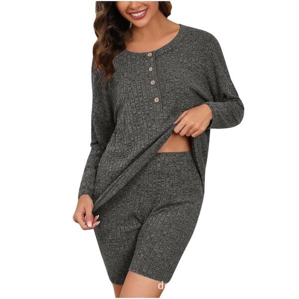 Women's Chic Rib Knitted Long-sleeved Top Shorts - Image 10