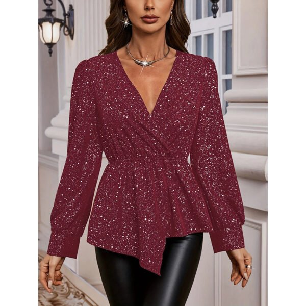 Womens Sparkly Tops Shiny Long Sleeve Ruched Asymmetrical Hem Sparkle Blouses Cocktail Party Evening Shirts - Image 7