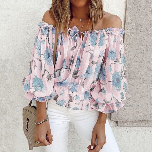 Womens Summer Off Shoulder Blouse Floral Print Ruffle Sleeve Casual Chiffon Tops Shirts - Image 6