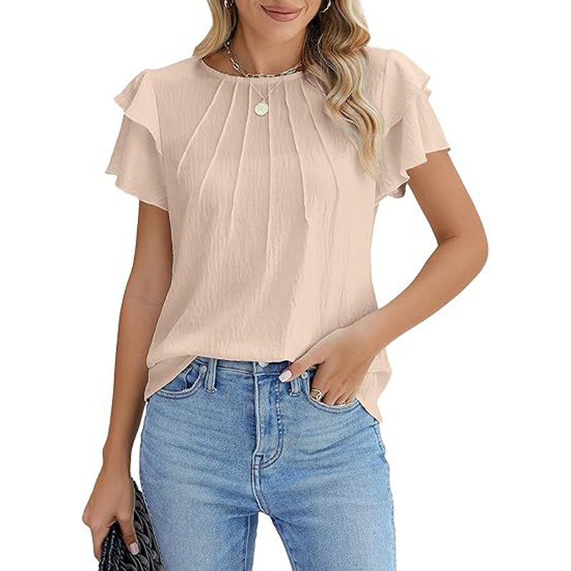 Women's Ruffle Short Sleeve Shirts Dressy Casual Crewneck Tops Trendy Outfits - Image 3