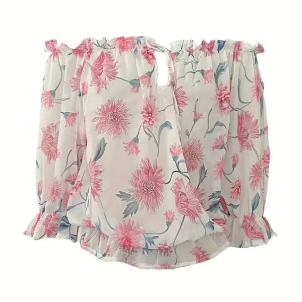 Womens Summer Off Shoulder Blouse Floral Print Ruffle Sleeve Casual Chiffon Tops Shirts - Image 9