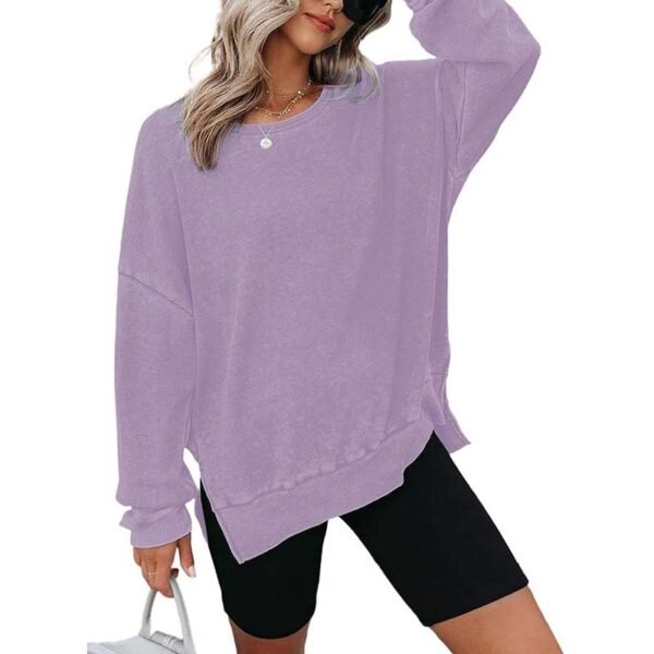 Womens Waffle Knit Crewneck Sweatshirts Long Sleeve Side Slits Casual Pullover Sweatshirt Tops - Image 5