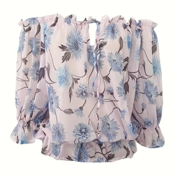 Womens Summer Off Shoulder Blouse Floral Print Ruffle Sleeve Casual Chiffon Tops Shirts - Image 7