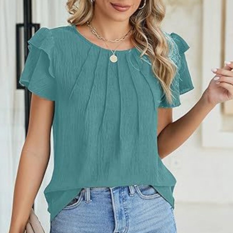 Women's Ruffle Short Sleeve Shirts Dressy Casual Crewneck Tops Trendy Outfits - Image 7