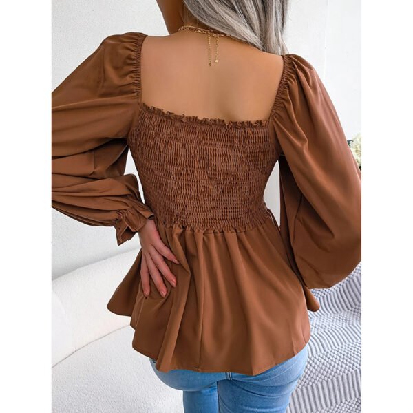 Women's Peplum Tops Square Neck Ruffle Trim Long Sleeve Blouse Smocked Top Dressy Casual Shirts - Image 2