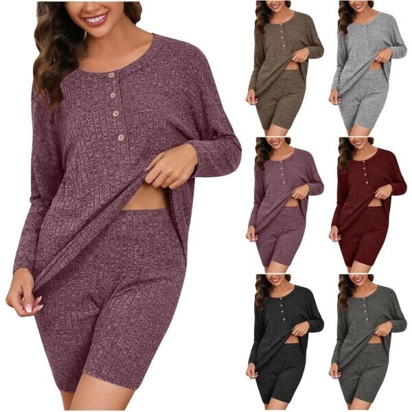 Women's Chic Rib Knitted Long-sleeved Top Shorts - Image 2