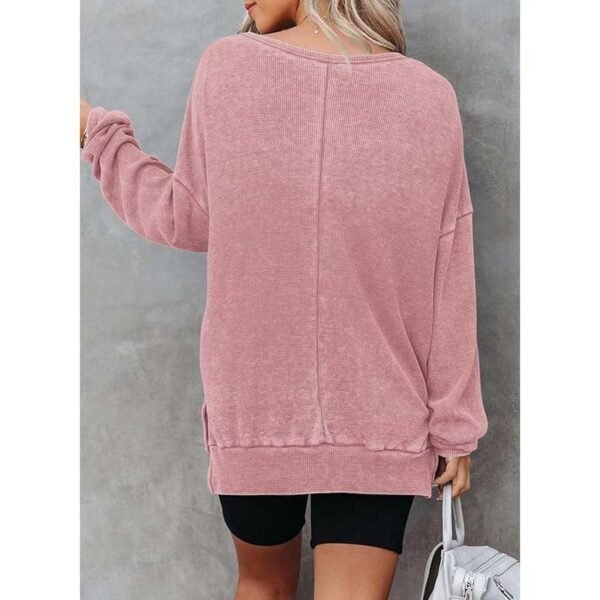 Womens Waffle Knit Crewneck Sweatshirts Long Sleeve Side Slits Casual Pullover Sweatshirt Tops - Image 3