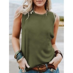 Womens Tank Tops Crew Neck Sleeveless Tshirts Solid Color Casual Loose Fit Tee Shirts
