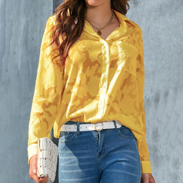 Womens Casual Sheer Button Down Shirts Long Sleeve V Neck Jacquard Blouses Tops - Image 9