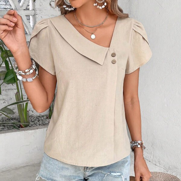 Womens Dressy Casual Petal Sleeve Asymmetrical V Neck Work Shirts Blouse Tops - Image 9