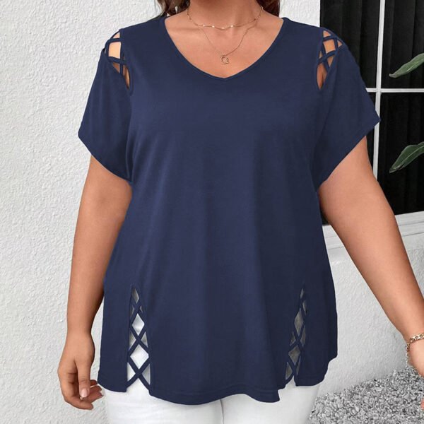 Women's Plus Size Criss Cross Short Sleeve V Neck T-Shirt Tops - Image 3