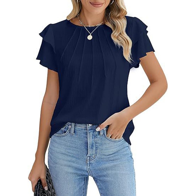 Women's Ruffle Short Sleeve Shirts Dressy Casual Crewneck Tops Trendy Outfits - Image 9