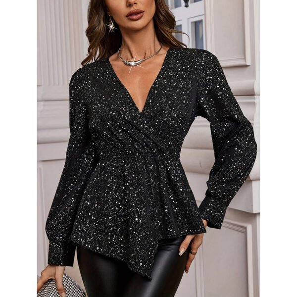 Womens Sparkly Tops Shiny Long Sleeve Ruched Asymmetrical Hem Sparkle Blouses Cocktail Party Evening Shirts - Image 6
