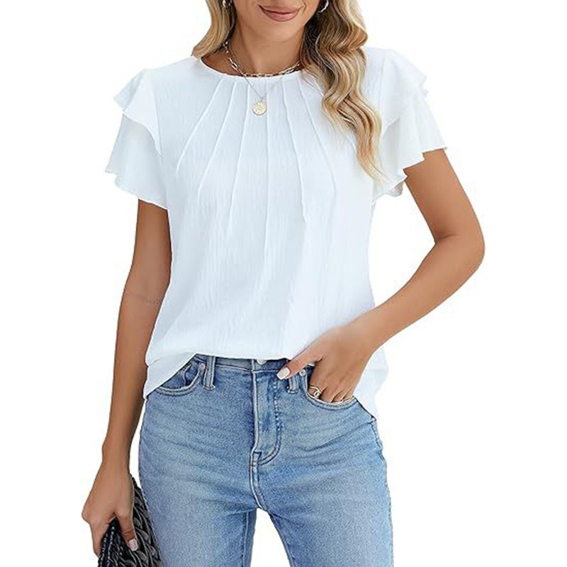 Women's Ruffle Short Sleeve Shirts Dressy Casual Crewneck Tops Trendy Outfits