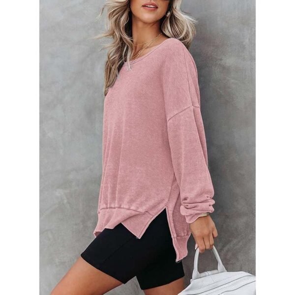 Womens Waffle Knit Crewneck Sweatshirts Long Sleeve Side Slits Casual Pullover Sweatshirt Tops - Image 2